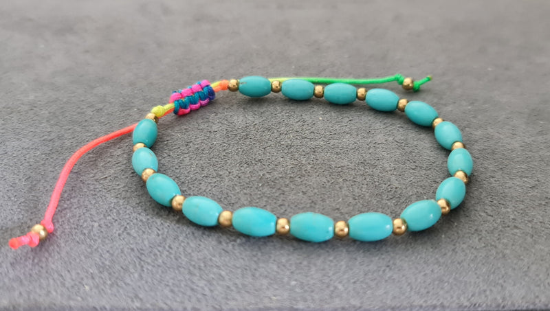 Oval Turquoise Howlite Brass Chain Adjustable Slide Lock Beaded Jewelry Bracelet Anklet, Stone Bracelet, Gifts for girls, Gifts for Mom