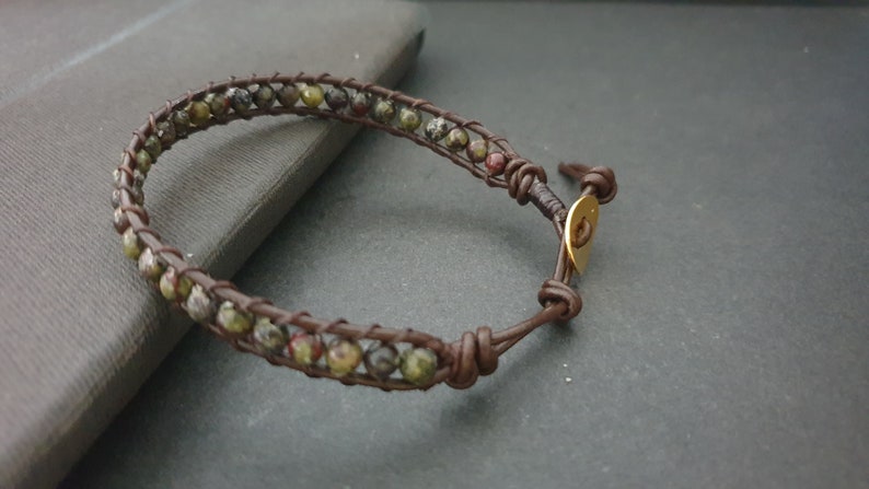 Double Layer 4mm Stone Beads Brown Leather Anklet Bracelet Beaded