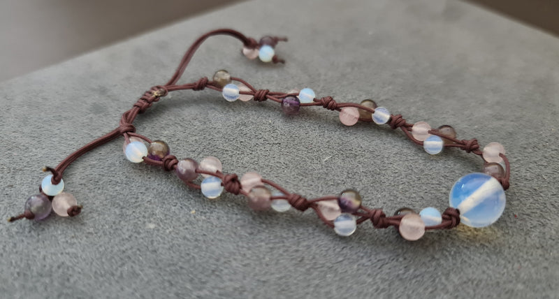 Triple Stone Amethyst Rose Quartz Moonstone Adjustable Unisex Jewelry Bracelet Anklet, Women Bracelets, Slide Bracelets