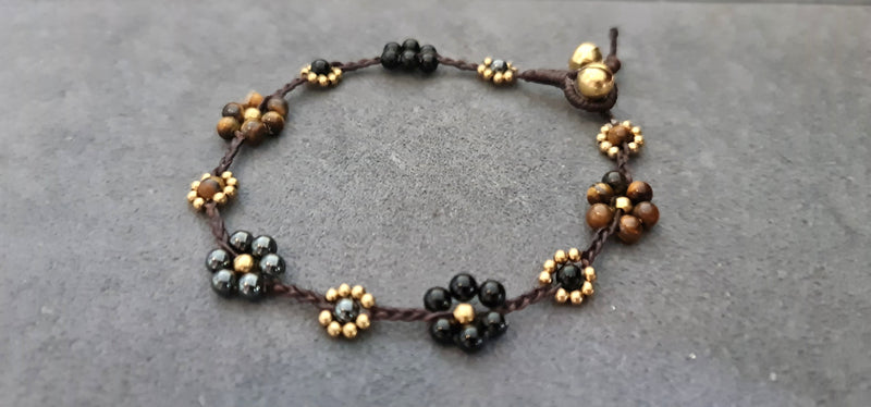 Mixed Flower Hematite Onyx Tiger's eye Stone Brass Beads Bohemian Women Bracelet Anklet, Gifts for Girls, Women Anklets, Stone Bracelets