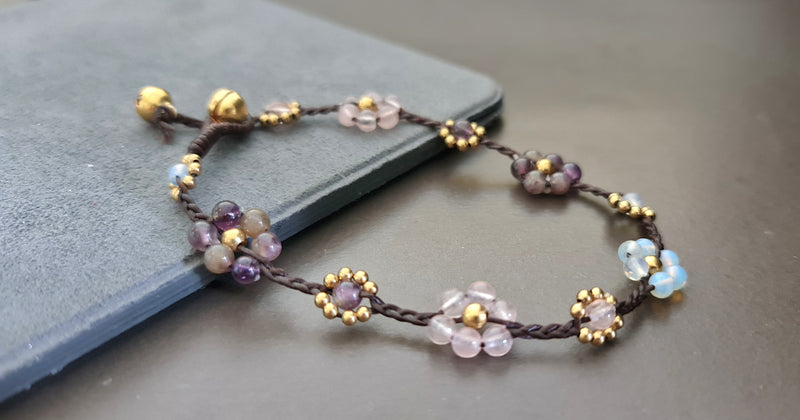 Mixed Flower Stone Brass Beads Bohemian Women Bracelet Anklet, Gifts for Girls, Women Anklets, Stone Bracelets