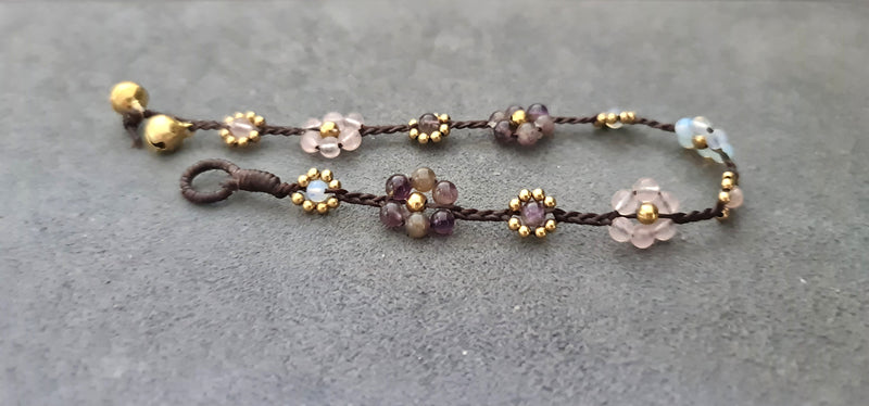 Mixed Flower Stone Brass Beads Bohemian Women Bracelet Anklet, Gifts for Girls, Women Anklets, Stone Bracelets