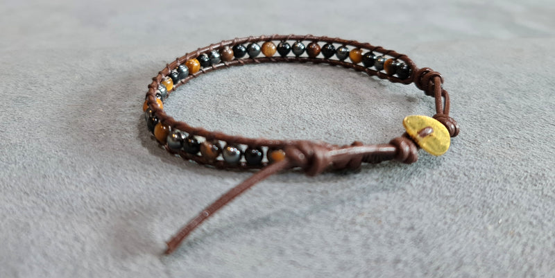 Hematite Onyx Tiger Eye Stone Woven Brown Leather Bracelet Anklet