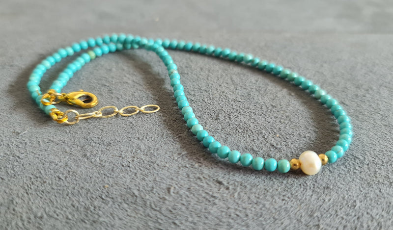 3mm Turquoise Natural Stone Single Pearl Chocker Women Necklace, Short Necklace, Gifts for Girls