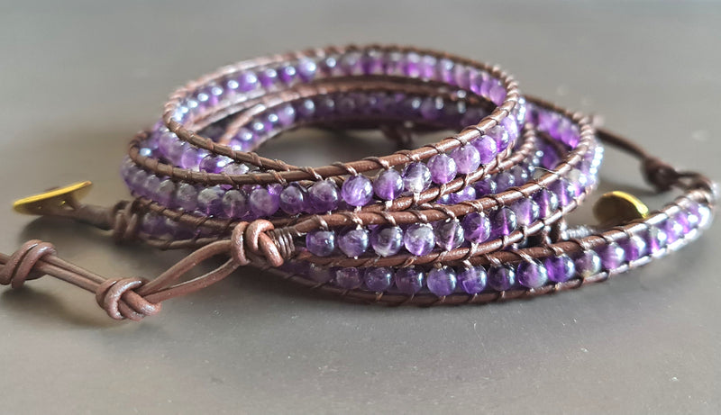 4 mm or 6mm  Amethyst Brown Leather Wrap Bracelet/Anklet,Leather Wrap, Unisex Bracelet, Men Bracelet, Women Bracelet