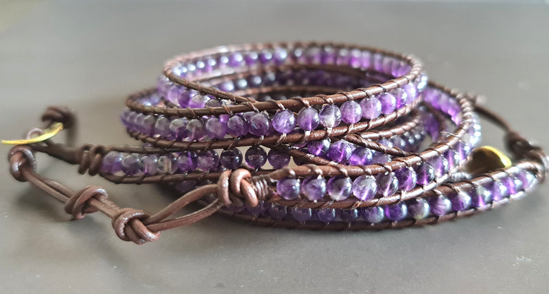 4 mm or 6mm  Amethyst Brown Leather Wrap Bracelet/Anklet,Leather Wrap, Unisex Bracelet, Men Bracelet, Women Bracelet