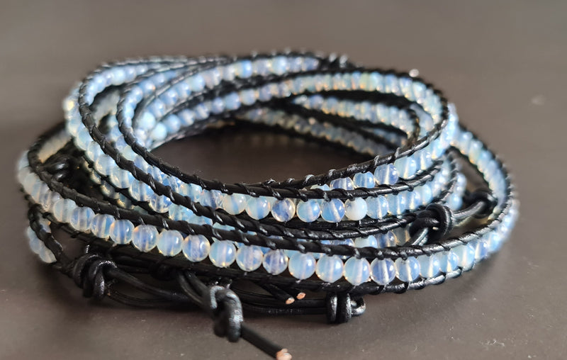 4 mm Moonstone Leather Wrap Bracelet/Anklet,Leather Wrap, Unisex Bracelet, Men Bracelet, Women Bracelet