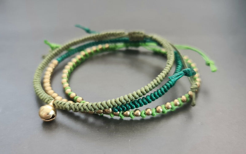 Set Of 3 Green Slide Lock Brass Jingle Bracelet Anklet Womem Jewelry, Women Anklet, Brass Beaded, Chain Bracelet, Women Bracelets