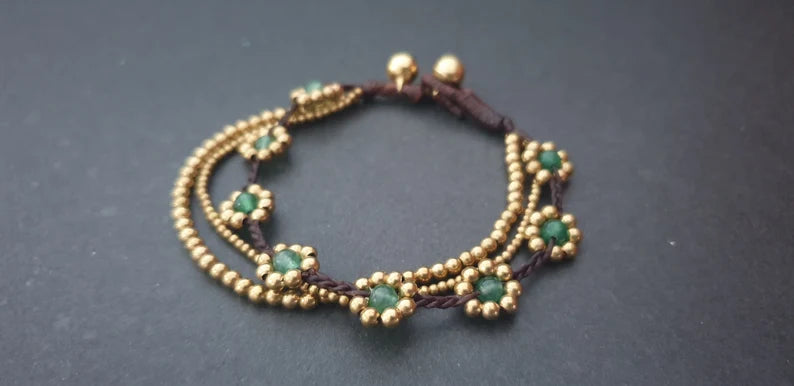 Daisy Stone Beads Brass Flower Chain Anklet Bracelet, Beaded Bracelets, Flower Anklet, Women Anklet, Jade Bracelet, Metal Beads