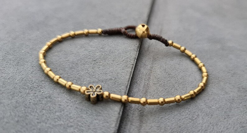 Flower Brass Beaded Chain Woven Jewelry Bracelet Anklet, Chain Bracelet, Beaded Bracelet