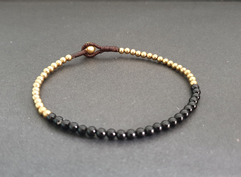4mm Round Gemstone Onyx  Single Brass Chain Women Bracelet Anklet , Bead Chain