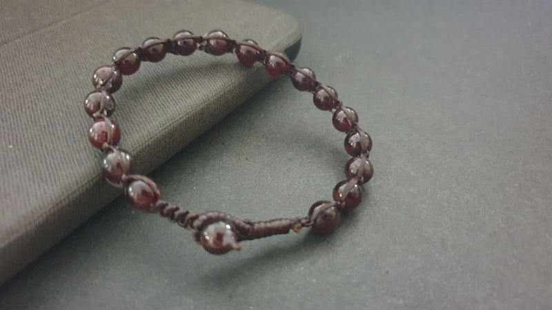 6mm Garnet Handmade Wax Cord Single Bracelet, Beads Bracelet,Brown Cord