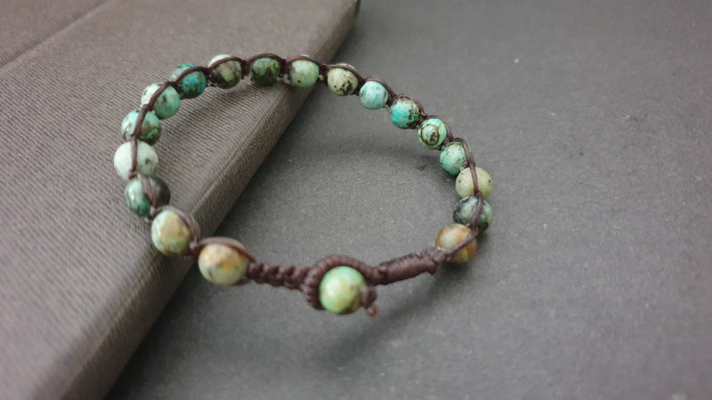 6mm  African Turquoise  Handmade Wax Cord Single Bracelet, Beads Bracelet,Brown Cord