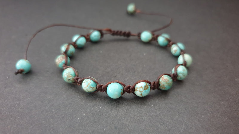 6 mm  Blue Turquoise Round Stone Beads Woven Wax Cord Adjustable Bracelet, Friendship Bracelet, Beads Bracelet