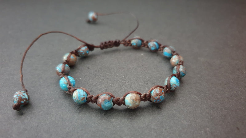 6 mm Blue Sky Jasper Round Stone Beads Woven Wax Cord Adjustable Bracelet, Friendship Bracelet, Beads Bracelet