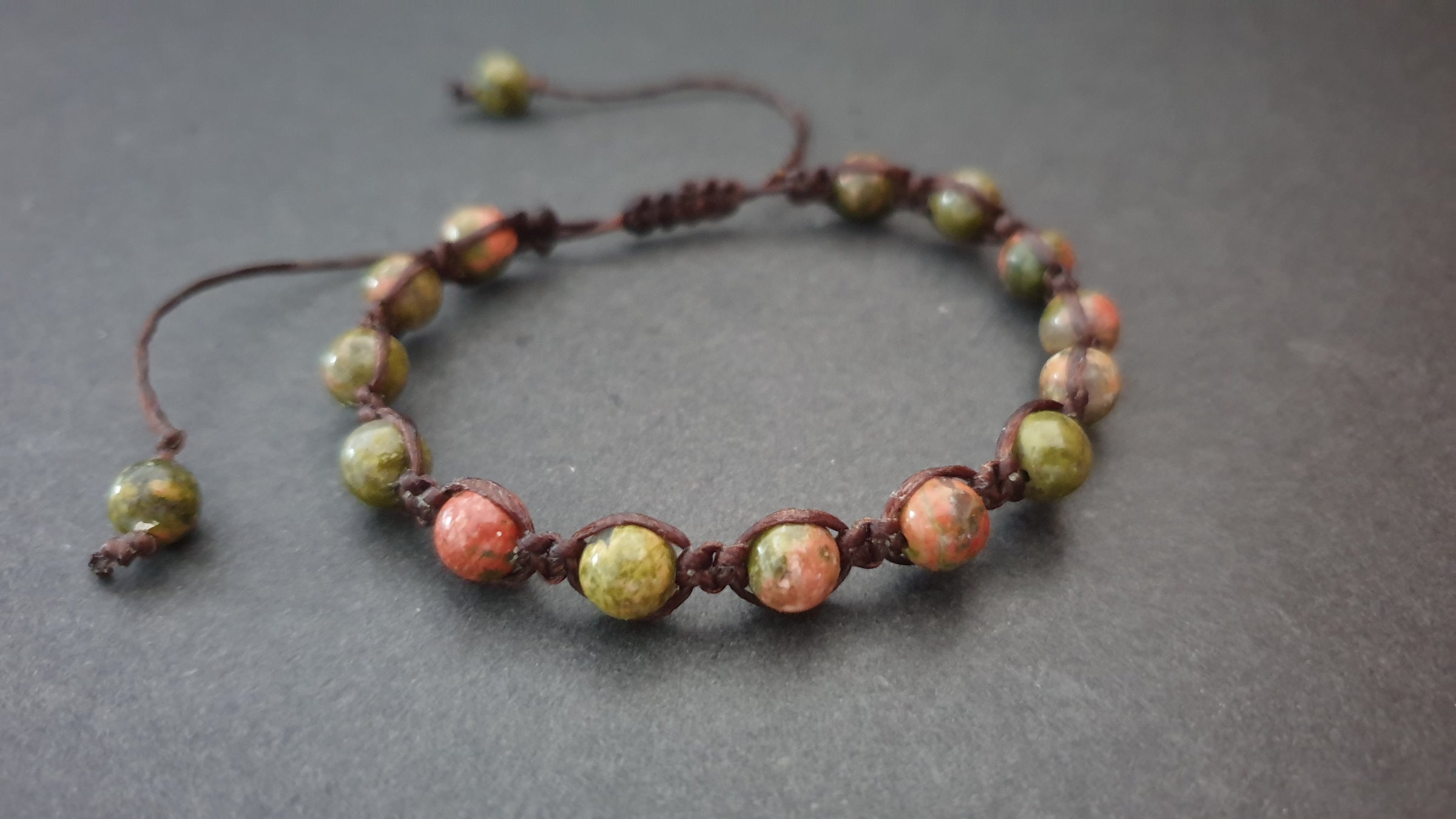 6 mm Unakite Round Stone Beads Woven Wax Cord Adjustable Bracelet, Fri –  ByMeMade