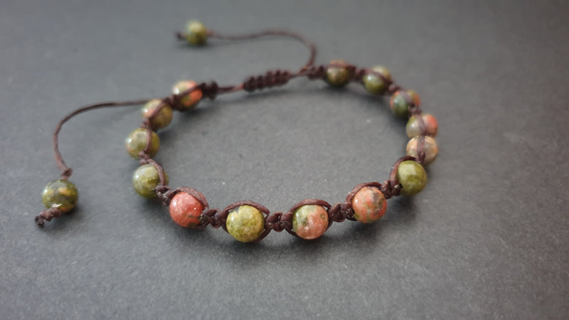 6 mm Unakite Round Stone Beads Woven Wax Cord Adjustable Bracelet, Friendship Bracelet, Beads Bracelet