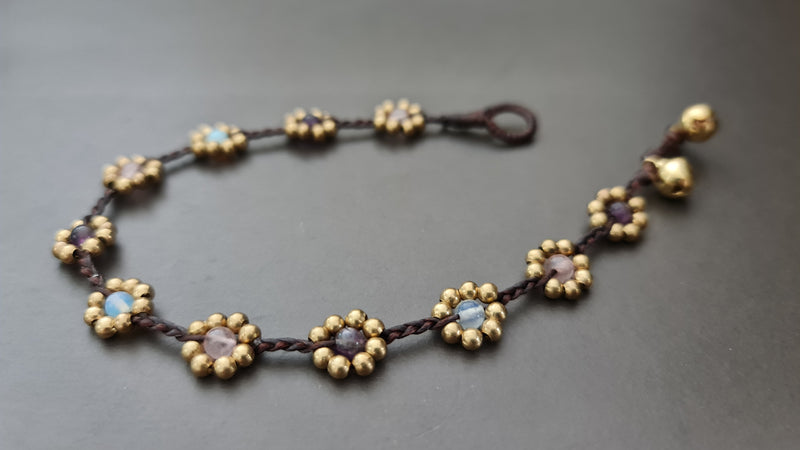 Daisy Chocker Stone Amethyst Rose Quartz Moonstone Brass Flower Necklace Beaded Necklaces, Flower Necklaces, Women Necklaces