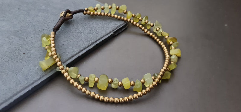 Chip Lemon Jade Stone Brass Chain Bracelet Anklet, Chain Bracelet, Women Anklet, Chip Anklet,Brass Chain , Beaded Bracelet