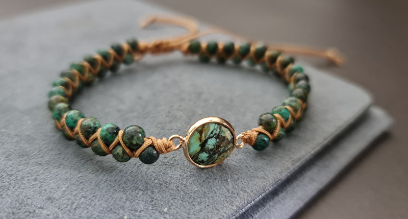 Natural Stone Charm Bracelets Handmade African Turquoise String Braided Strand Bracelets Friendship Wrap Bracelet