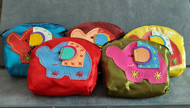 Jewelry Pouch , Set of 5 Handmade Silk Elephant Coin Purse With Zipper ,Gift, Women ,Elephant Pouch