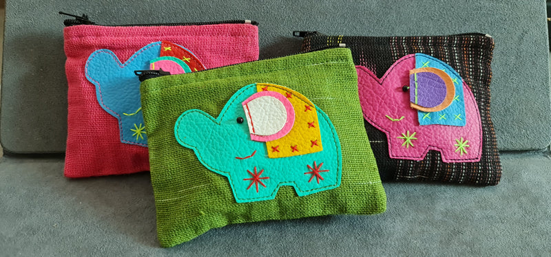 Jewelry Pouch , Set of 3 Handmade Cotton Elephant Coin Purse,Gift, Women ,Elephant Pouch