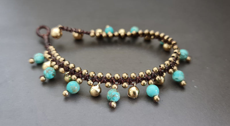 Round Blue Turquoise  Brass Bell Anklet,Beaded Anklet, Beads Bracelet, Metal Beads,Women Anklet