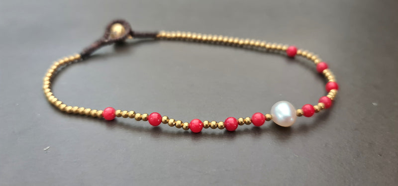 Handmade Single Fresh Water Pearl Brass Coral Chain Bohemian Bracelet Anklet,Women Anklet,Chain Anklet,