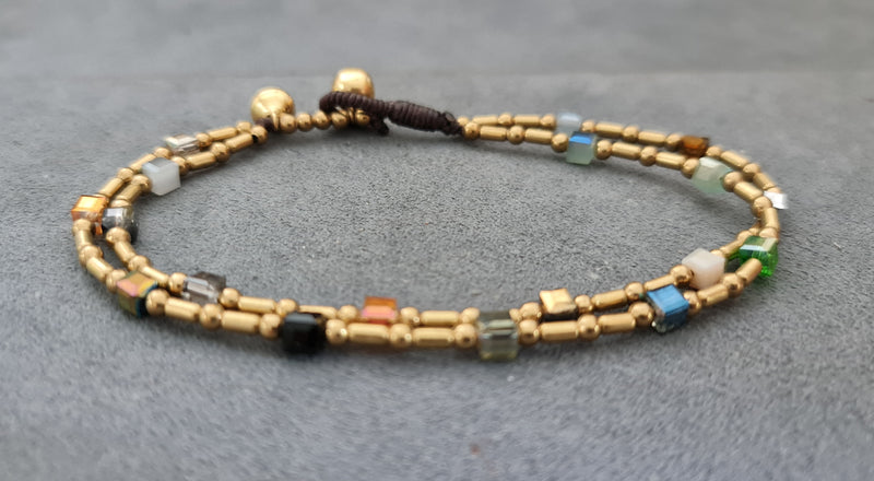 Bohemian Brass Tube Bracelets Crystal Cube Chain Women Jewelry Anklet Bracelet, Stone Bracelet, Bell Bracelet