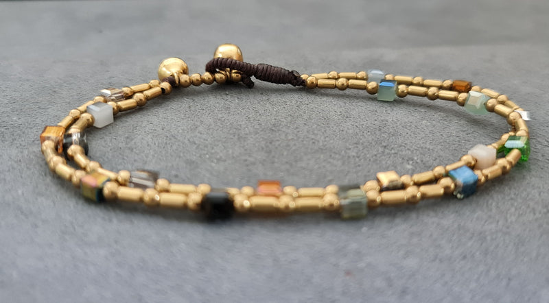 Bohemian Brass Tube Bracelets Crystal Cube Chain Women Jewelry Anklet Bracelet, Stone Bracelet, Bell Bracelet