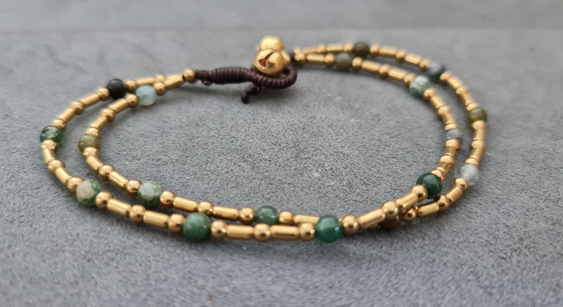 Bohemian Brass Tube Bracelets 4mm Round Stone Women Jewelry Chain Anklet Bracelet, Stone Bracelet, Bell Bracelet