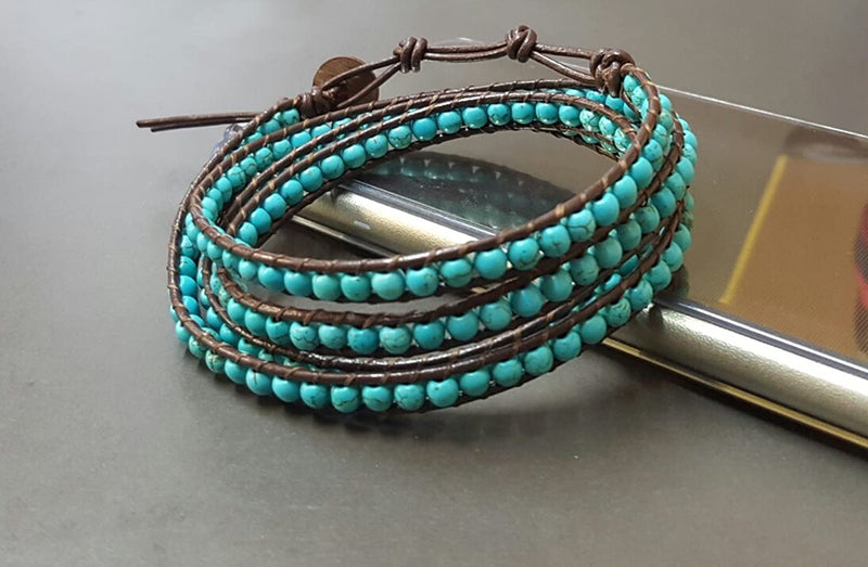 4 mm Blue Turquoise  Brown Leather Wrap Bracelet/Anklet,Leather Wrap, Unisex Bracelet, Men Bracelet, Women Bracelet