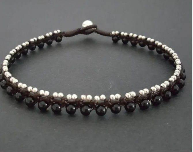 Round Stone Brass/ Silver  Beads Onyx Anklet Bracelet, Beaded Bracelets,Women Anklet, Metal Beads
