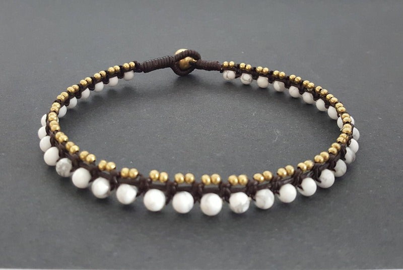 Round Stone Howlite Mini Brass Women Jewelry Anklet Bracelet, Beaded Bracelets,Women Anklet, Metal Beads
