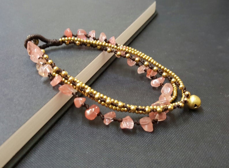 Chip Cherry Quartz Stone Brass Chain Bracelet Anklet, Chain Bracelet, Women Anklet, Chip Anklet,Brass Chain , Beaded Bracelet