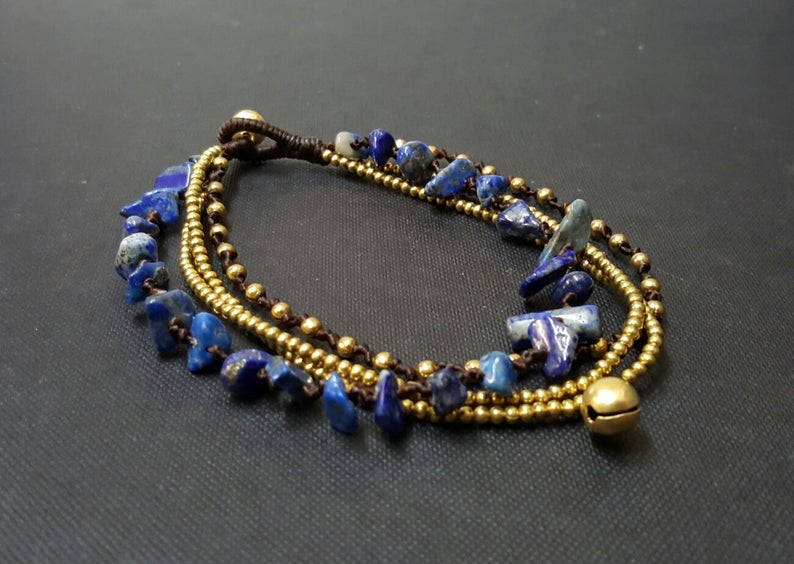 Chip Lapis Stone Brass Chain Bracelet Anklet, Chain Bracelet, Women Anklet, Chip Anklet,Brass Chain , Beaded Bracelet