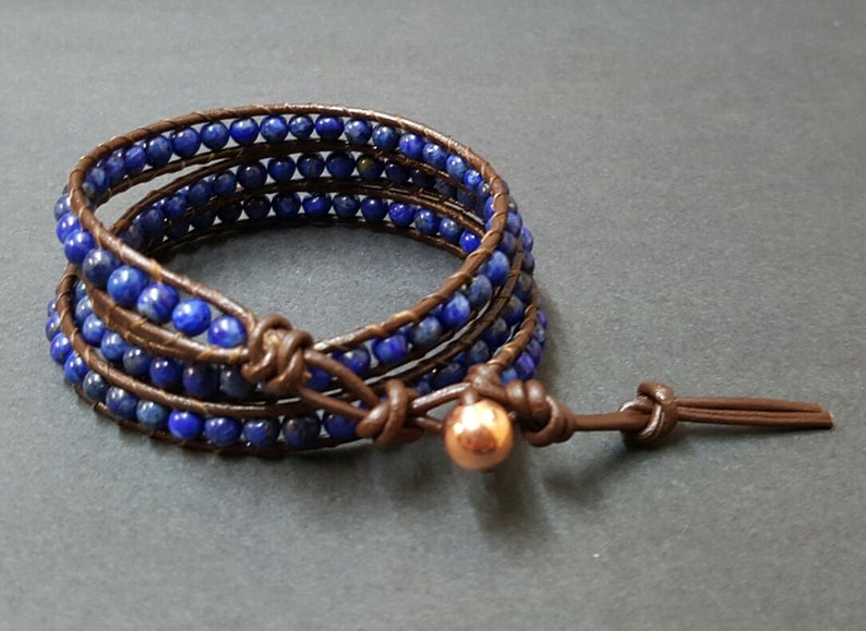 4 mm Lapis Brown Leather Wrap Bracelet/Anklet,Leather Wrap, Unisex Bracelet, Men Bracelet, Women Bracelet