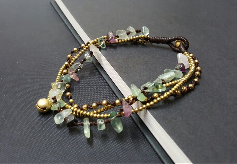 Chip Fluoride Stone Brass Chain Bracelet Anklet, Chain Bracelet, Women Anklet, Chip Anklet,Brass Chain , Beaded Bracelet