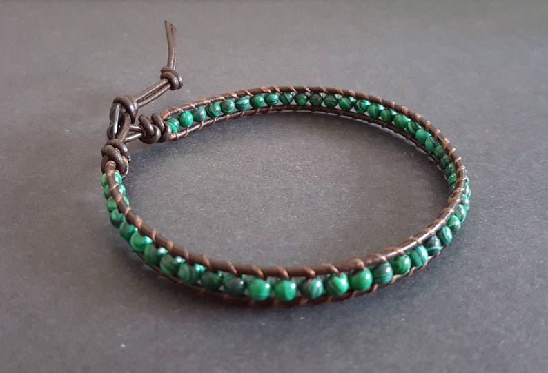 4 mm Malachite Green Beads Leather Wrap Bracelet Anklet, Leather Bracelet, Beaded Bracelet, Women Anklet , Unisex Bracelet,Men Bracelet