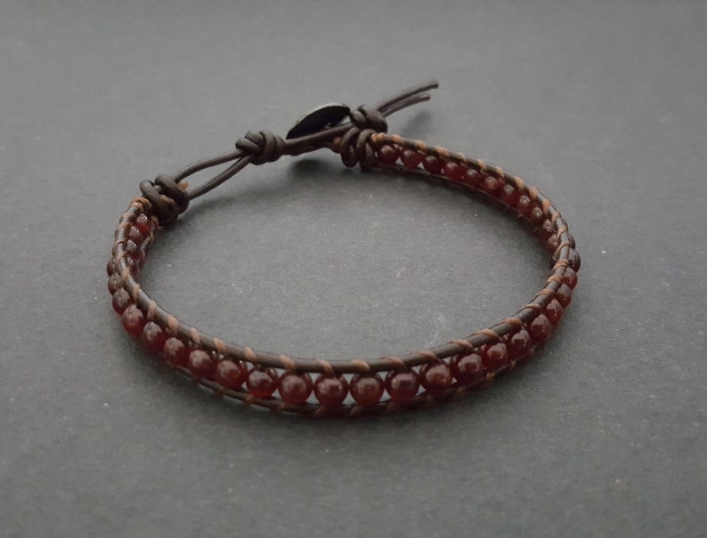 4 mm Garnet Stone Beads Brown Leather Bracelet, Leather Bracelet, Wrap Bracelet, Anklet