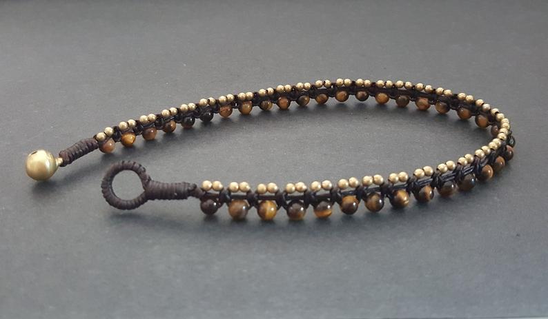 Round Stone Tiger Eye Mini Brass Women Jewelry Anklet Bracelet, Beaded Bracelets,Women Anklet, Metal Beads