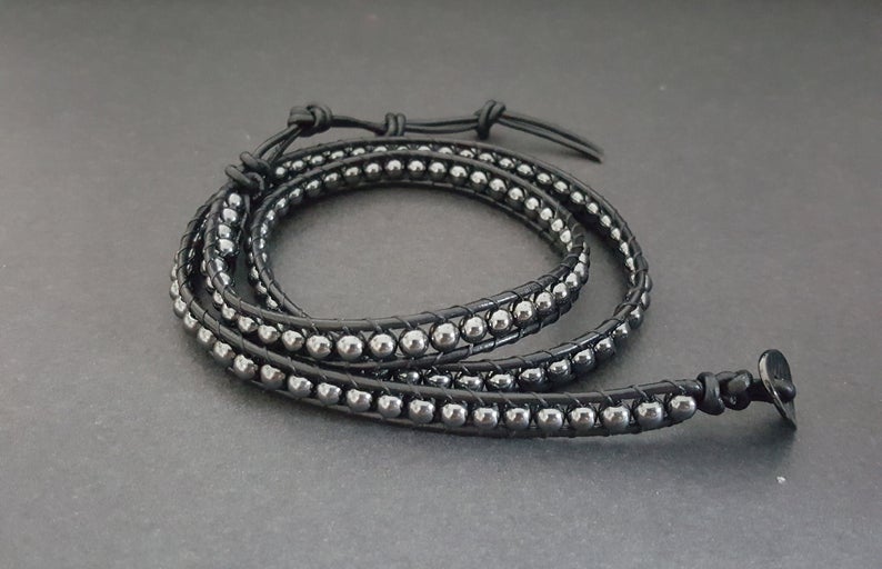 4 mm Hematite Leather Wrap Bracelet/Anklet,Leather Wrap, Unisex Bracelet, Men Bracelet, Women Bracelet