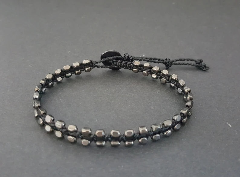 Jet Black Brass Beads Wax Cord Unisex Bracelet, Friendship Bracelet, Beads Bracelet