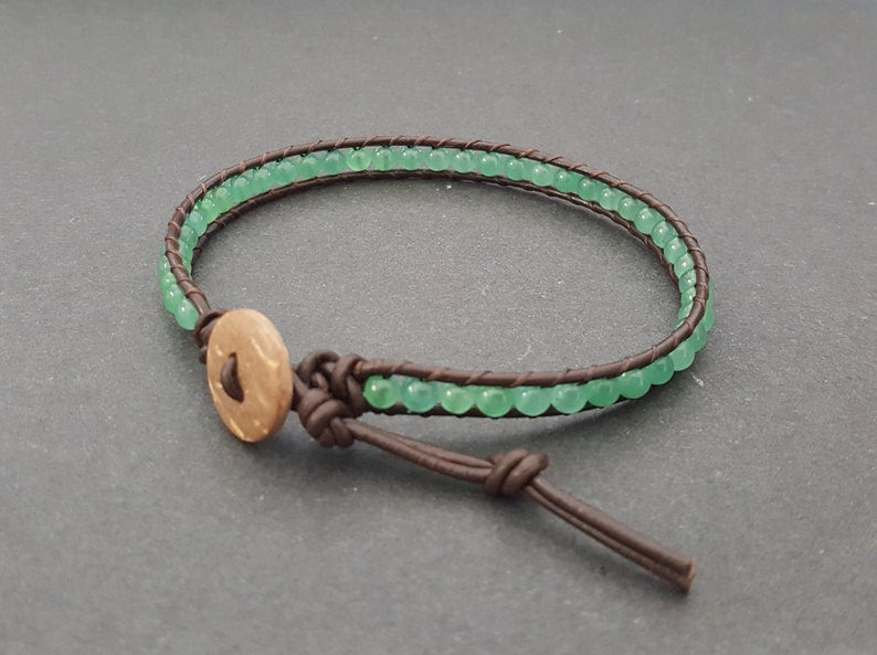 4 mm Green Jade Leather Wrap Bracelet Anklet, Leather Bracelet, Beaded Bracelet, Women Anklet , Unisex Bracelet,Men Bracelet
