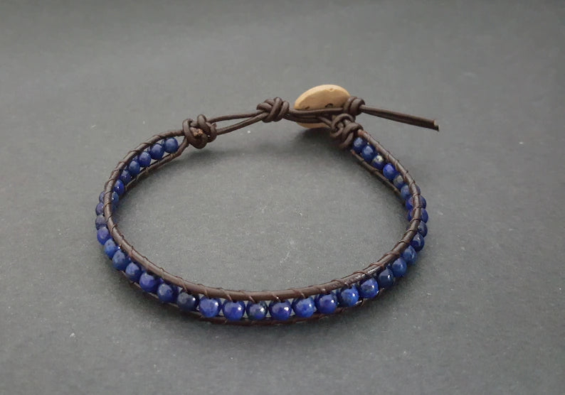 4mm Lapis Lazuli Brown Leather Wrap Bracelet Anklet, Leather Bracelet, Beaded Bracelet, Women Anklet , Unisex Bracelet,Men Bracelet