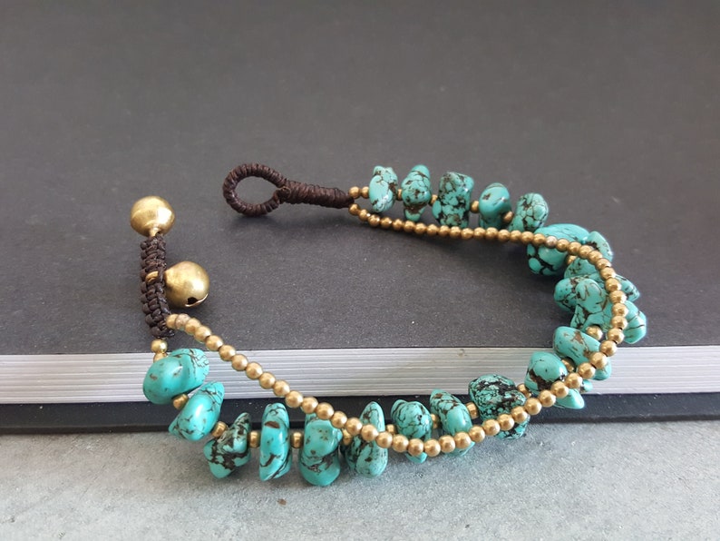 Chip Turquoise Brass Chain Bracelet, Beaded Bracelet,Nugget Bracelet, Chain Bracelet, Women Bracelet