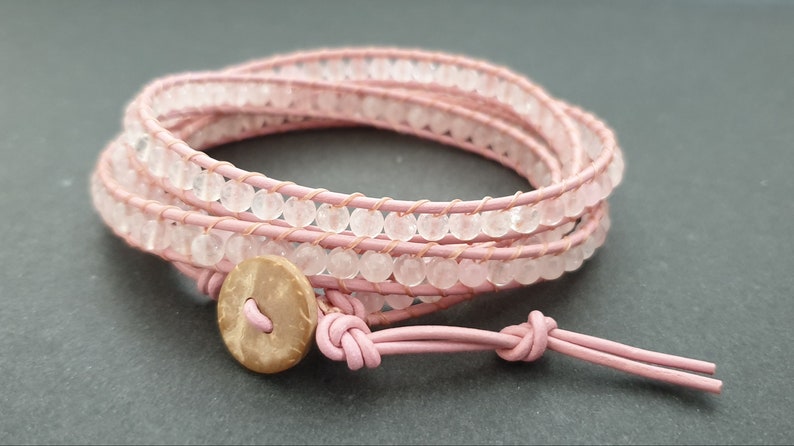 4 mm Pink Rose Quartz Stone Beads Pink Leather Wrap Bracelet/Anklet,Leather Wrap, Unisex Bracelet, Men Bracelet, Women Bracelet