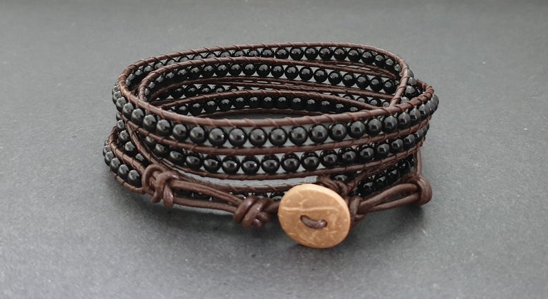 4 mm Onyx  Brown Leather Wrap Bracelet/Anklet,Leather Wrap, Unisex Bracelet, Men Bracelet, Women Bracelet