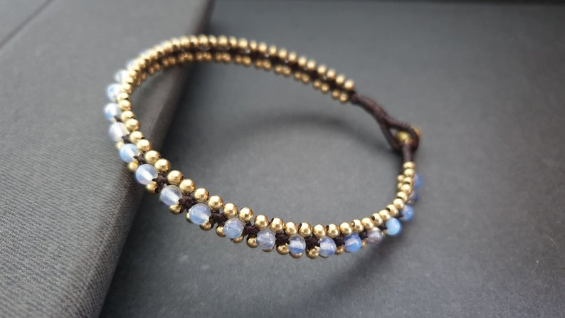 Brass Woven Moonstone Bracelet Anklet, Beaded Bracelet, Unisex Bracelet, Women Bracelet,Stone Bracelet