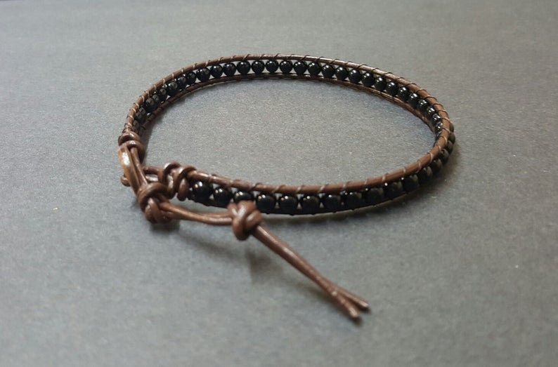 4 mm Black Onyx Leather Bracelet Anklet, Leather Bracelet, Beaded Bracelet, Women Anklet , Unisex Bracelet,Men Bracelet